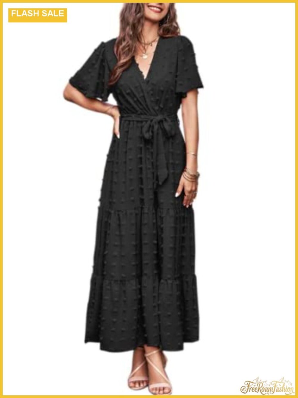 Swiss Dot Maxi Dress Faux Wrap V Neck Flutter Sleeve Tiered Ruffle Hem